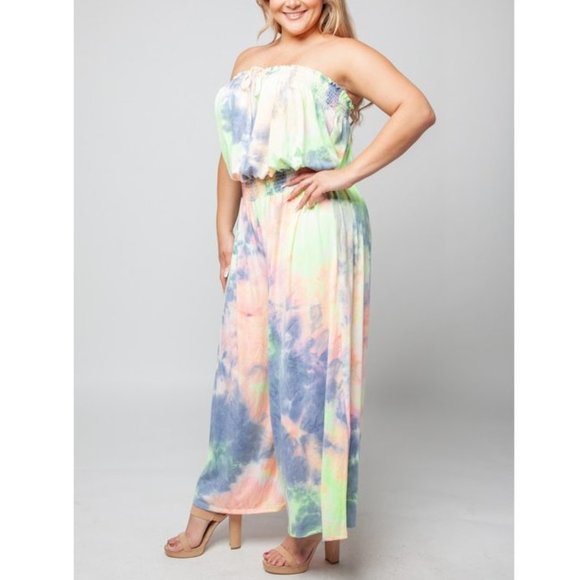Plus Size Neon Tie Dye Cropped Wide Leg Jumpsuit - Picture 3 of 6